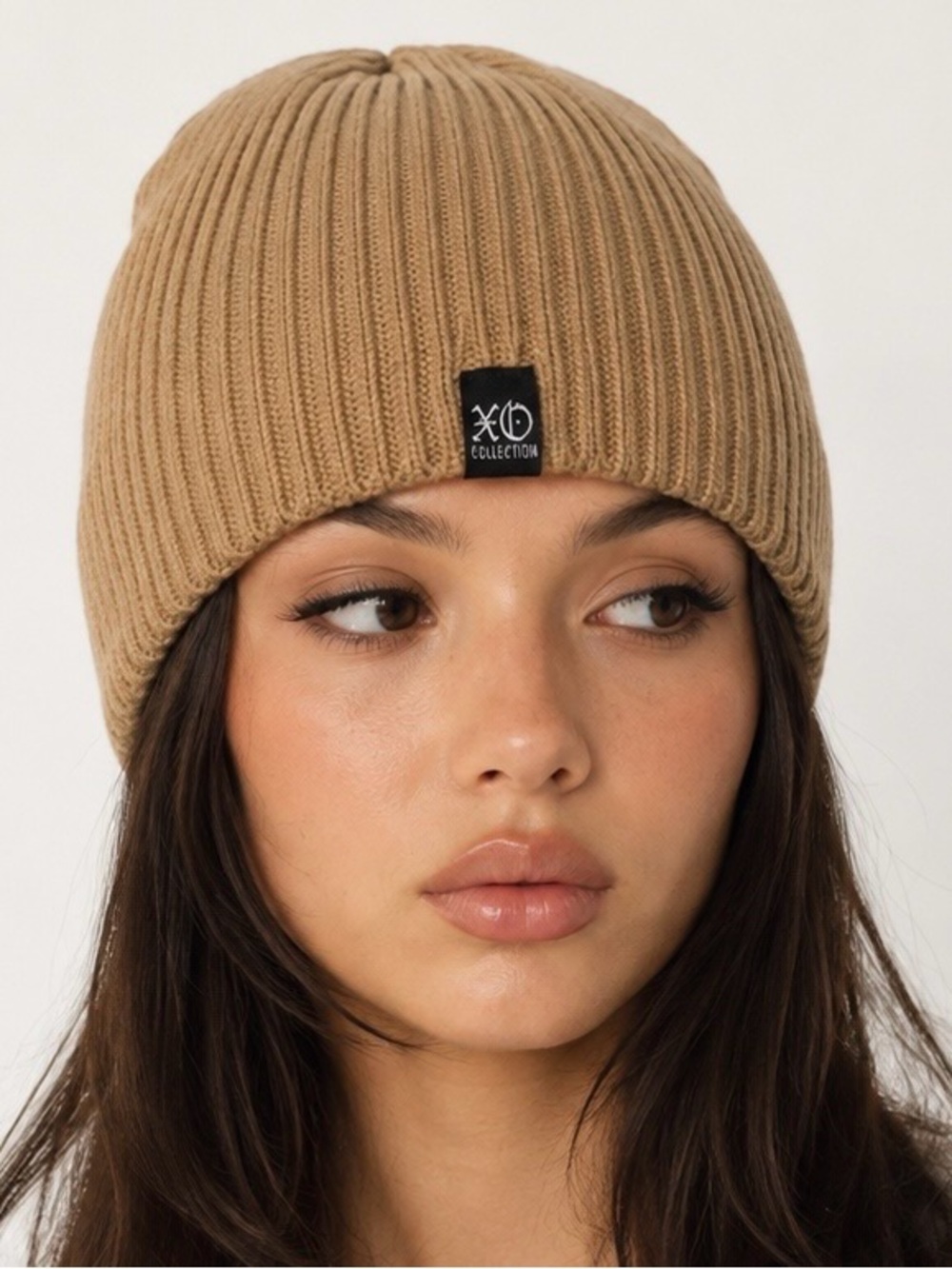 XO Collection Tan Ribbed Knit Beanie Y2K Minimalist Neutral Winter Hat